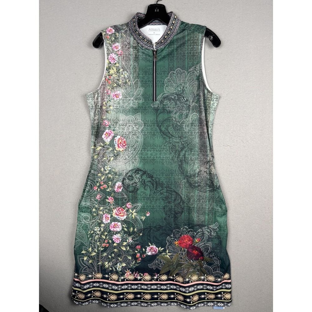 ACEGOLFS Dress Womens Medium Green Floral Sleeveless Mock Neck Golf Shift UPF